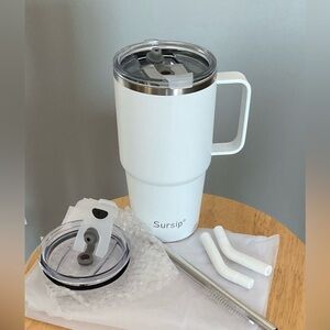 White Insulated Tumbler with Handle and Straw